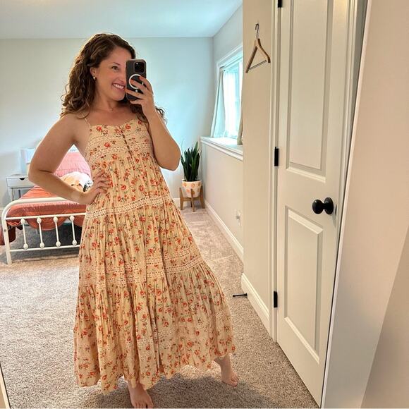 THE GREAT. Cream Red Cotton Floral Lace Tiered Maxi Dress 0 Small - Picture 4 of 12